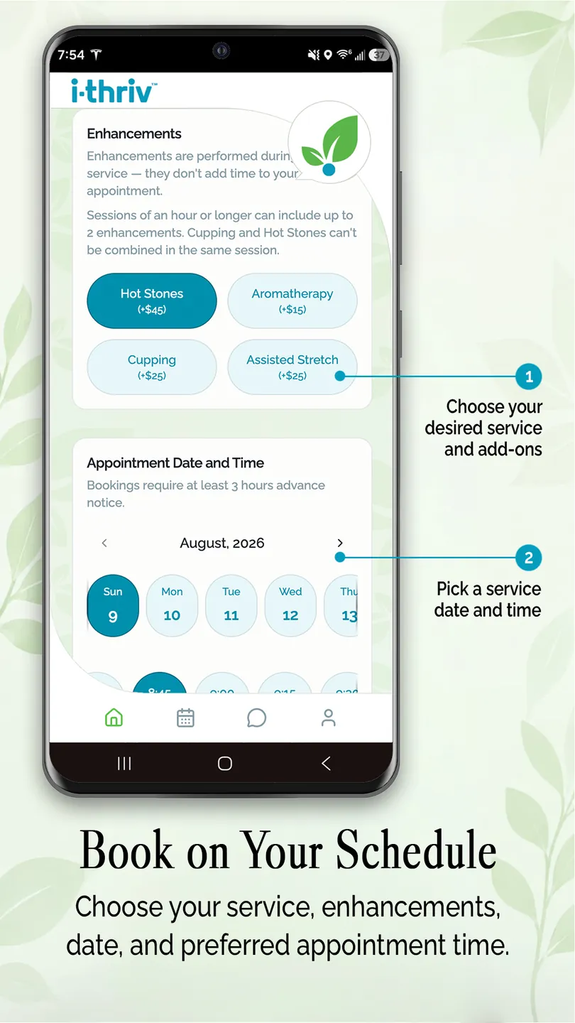 i-thriv app booking calendar — pick a service date and time