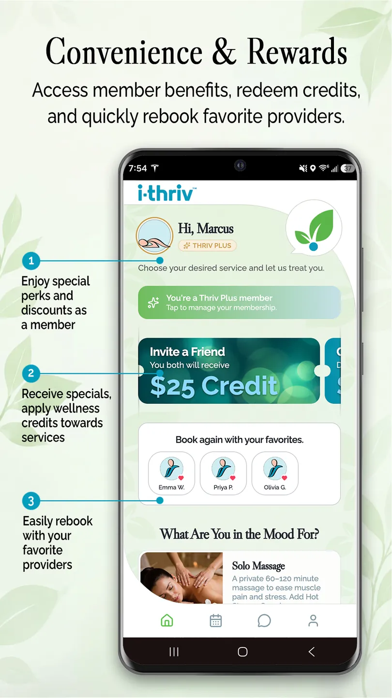 i-thriv app member home — Thriv Plus perks, credits, and rebooking favorite providers