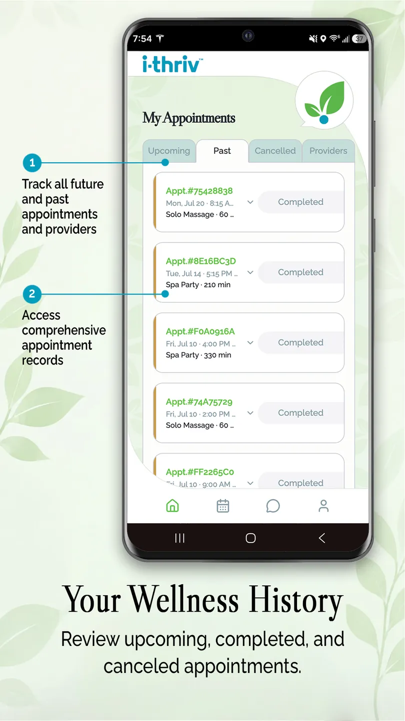 i-thriv app appointment history — upcoming, past, and cancelled bookings