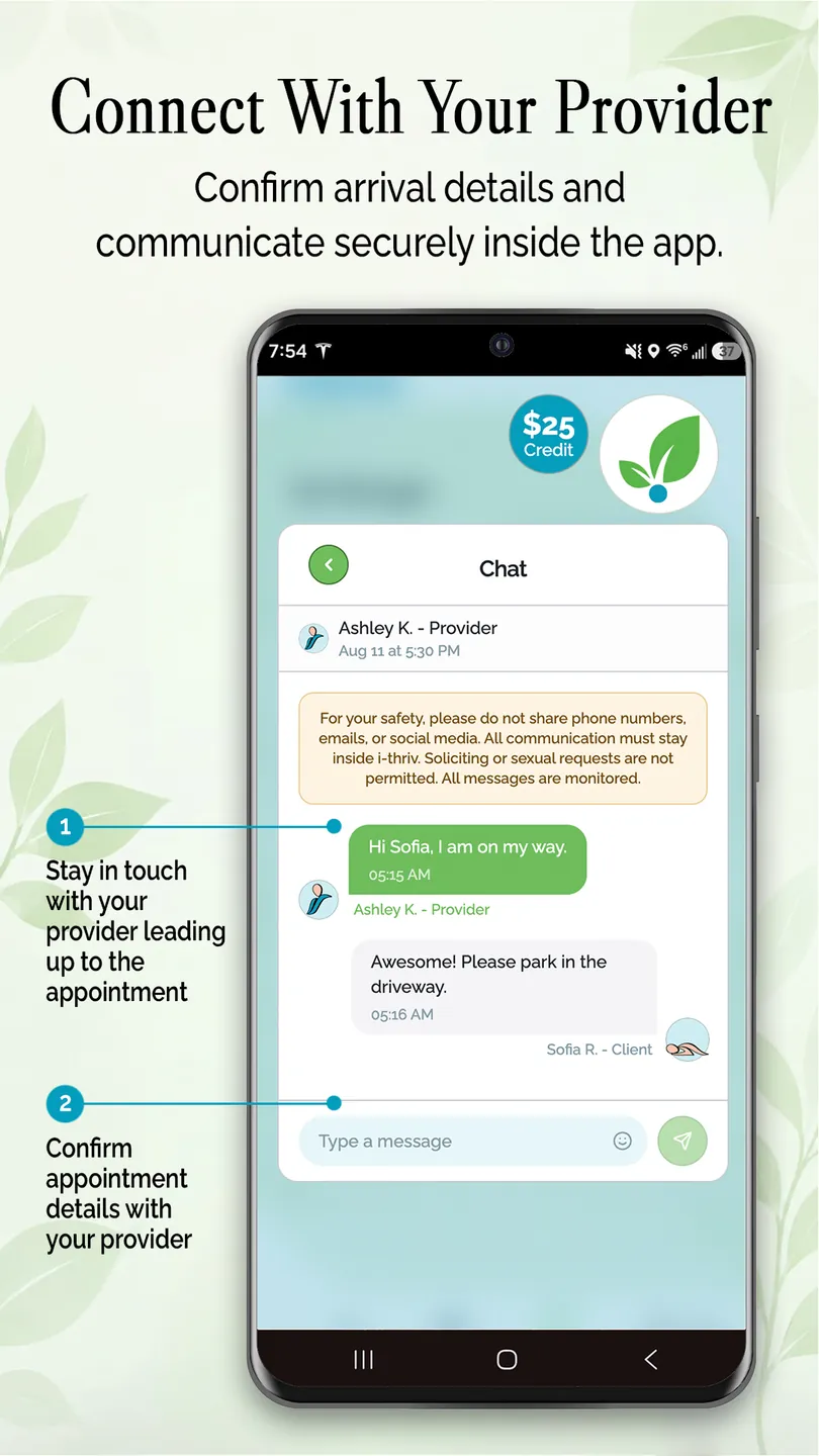 i-thriv app secure chat — confirm arrival details with your provider