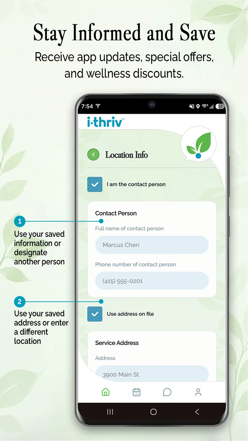 i-thriv app booking details — use your saved contact and address or enter a different location
