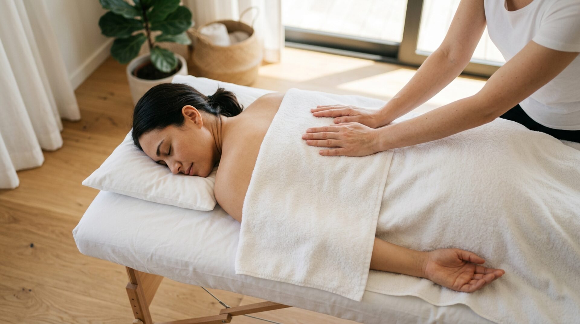Massage therapist working on a client on a massage table at home