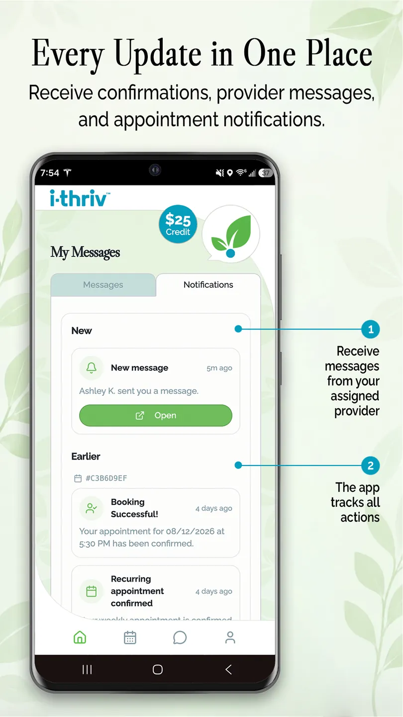i-thriv app messages and notifications — booking confirmations, provider messages, and appointment updates