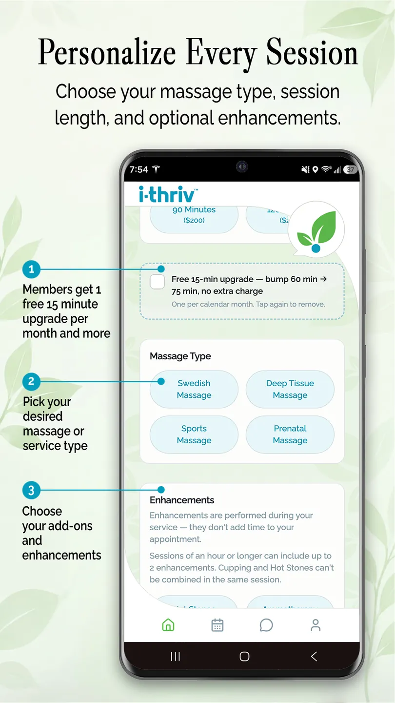 i-thriv app session personalization — massage types and optional enhancements