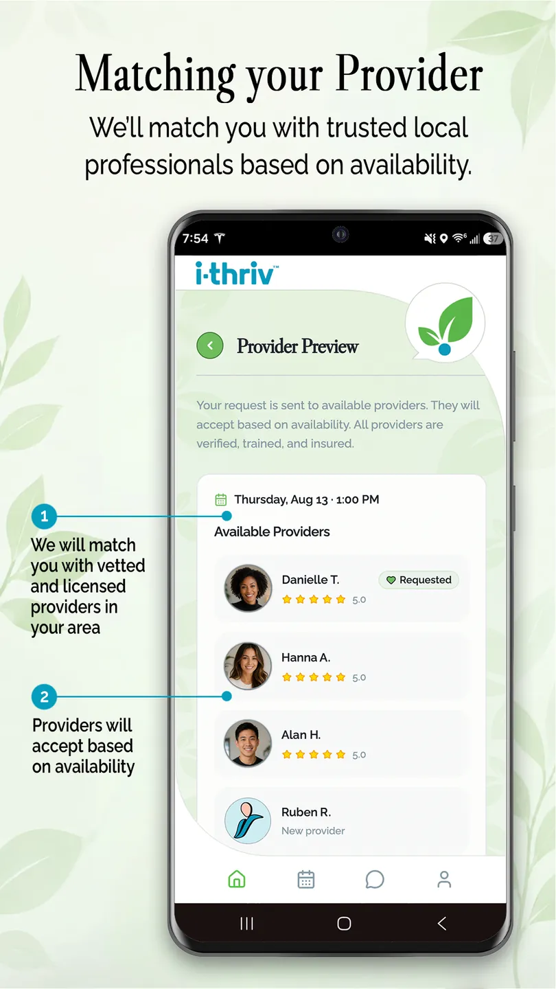 i-thriv app provider preview — available vetted professionals matched to your booking