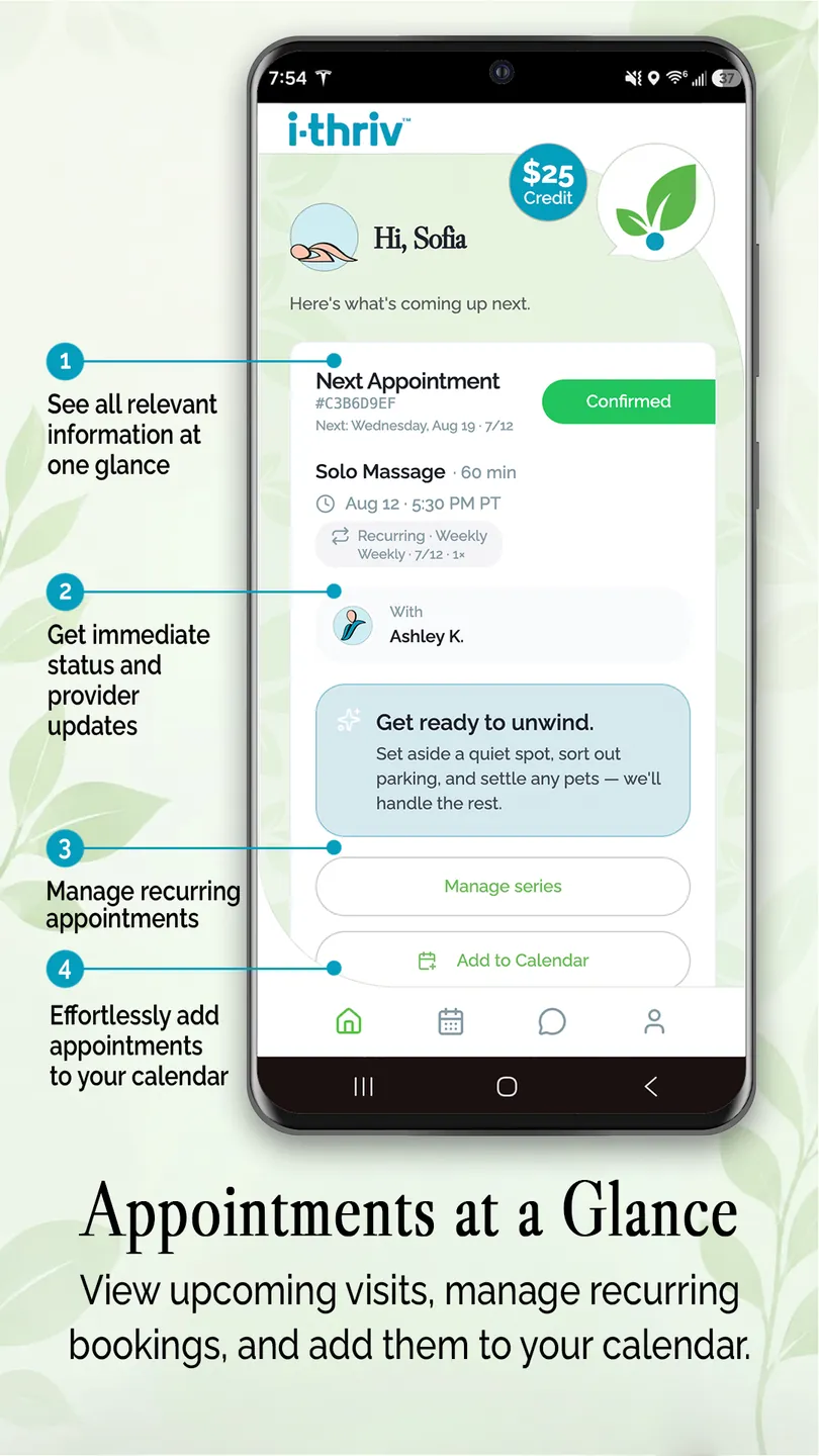 i-thriv app upcoming appointment — status, provider, recurring series, and calendar