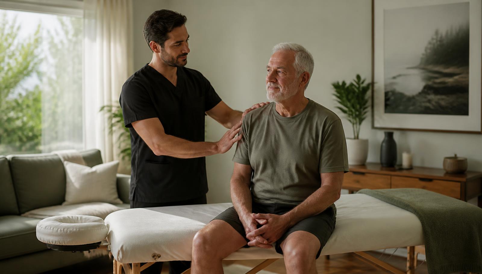A veteran seated on a massage table in his living room with an i-thriv wellness professional beside him